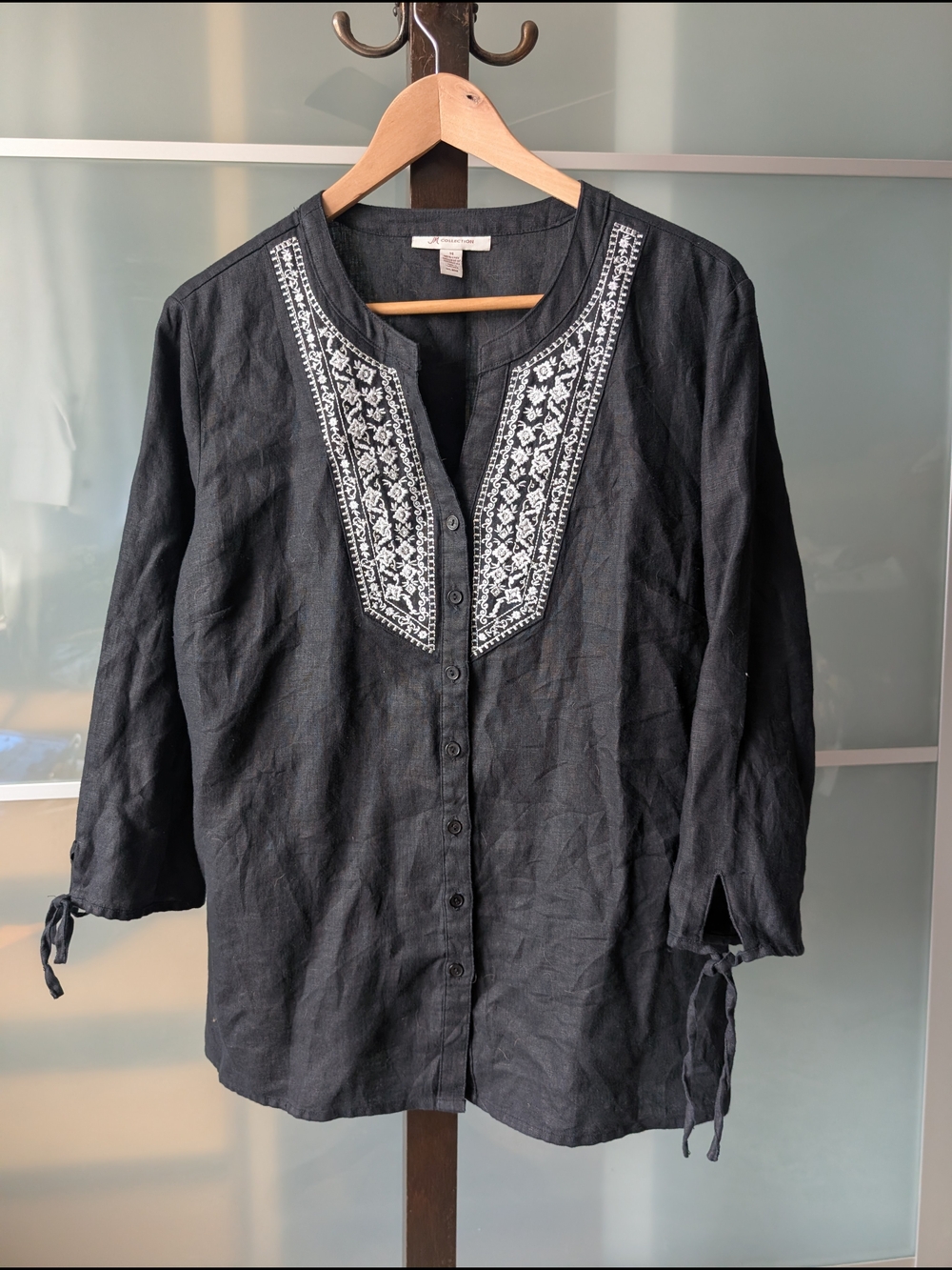 Linen JM Collection Black Button-Front Top with White Embroidered Yoke